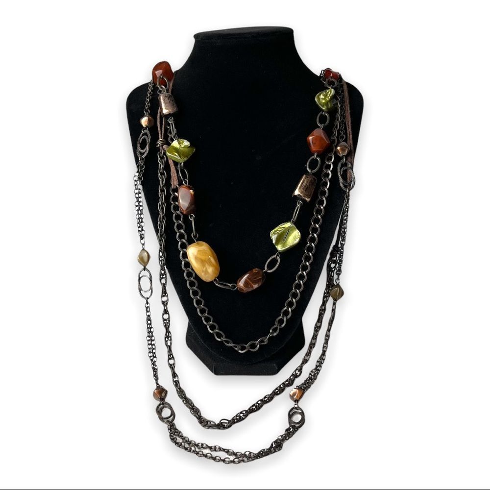 Bohemian Multi Strand Extra Long Chain Shell and Faux Stone Necklace